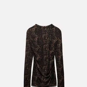 Zara Long-Sleeve Leopard Print Top in Black and Brown